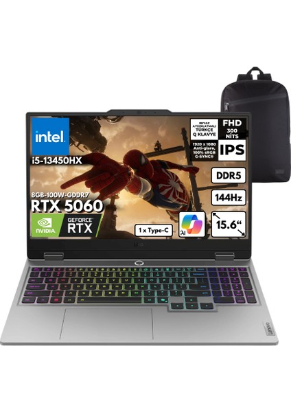 Loq I5-13450HX 24-Gbddr5 1 Tbssd RTX5060 (8GB-100W-GDDR7) 15.6" Fhd Windows 10 Pro + Hmf Sırt Çantası 83JE00ENTRHMF58