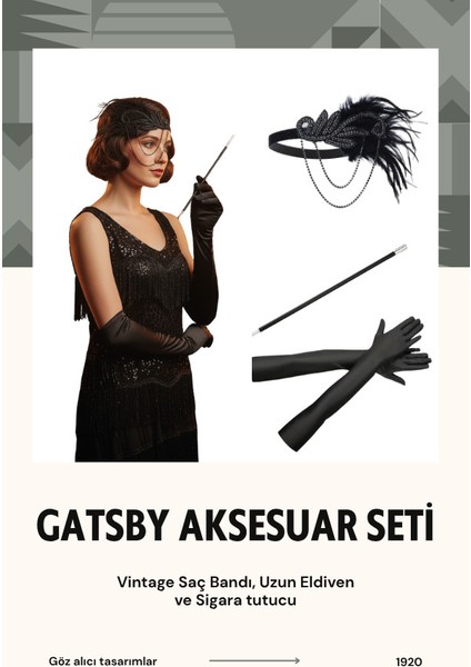 1920'ler Gatsby Flapper Aksesuar Seti- Taşlı Tüy Saç Bandı, Uzun Eldiven, Sigara Tutucu