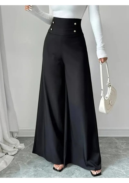 Kadın Yüksek Bel Düğmeli Geniş Paçalı Ithal Krep Pantolon indirimleri