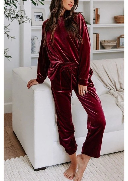 Aknbutik Kadın Uzun Kollu Yuvarlak Yakalı Kadife Bluz ve Pantolon Takım