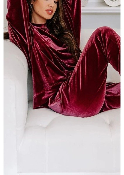 Aknbutik Kadın Uzun Kollu Yuvarlak Yakalı Kadife Bluz ve Pantolon Takım fırsatları