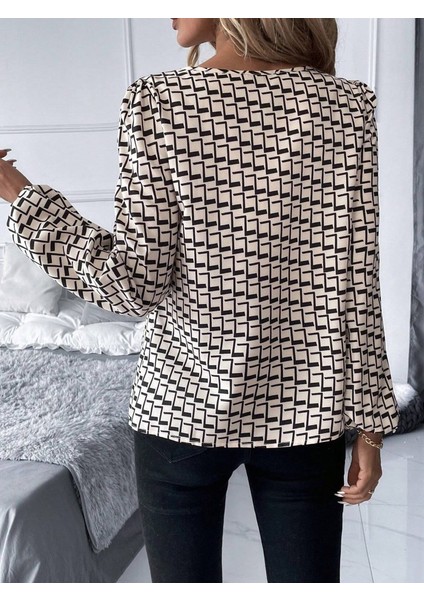 Kadın Uzun Kollu Damla Detaylı Yaka Desenli Süprem Bluz