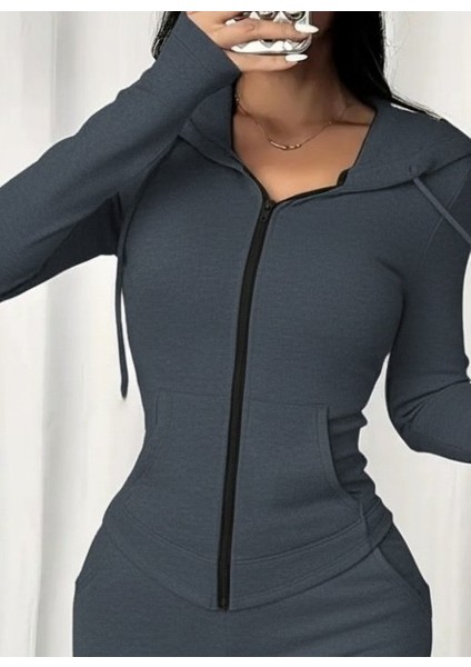 Kadın Uzun Kollu Kapşonlu Bağcıklı Önü Fermuarlı Viskon Iki Iplik Bluz ve Pantolon Ikili Takım fiyatları