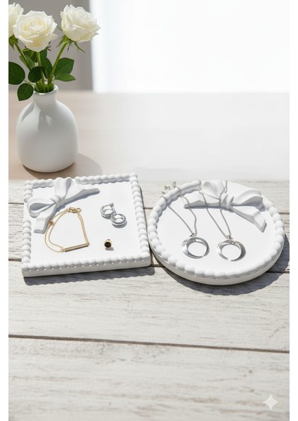 Beyaz Fiyonklu Çok Amaçlı Takı Tepsisi Kurdele Tabak , Takı Tabağı , Bardak Altlığı , Mum Tabağı modelleri