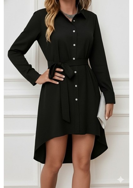 Kadın Uzun Kollu Ön Kısım Kısım Arka Kısım Uzun Trikoton Gömlek Elbise