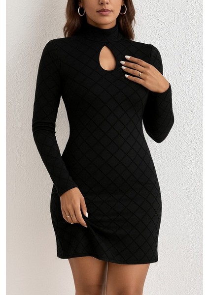 Kadın Uzun Kollu Damla Detay Flok Baskı Dalgıç Mini Elbise modelleri