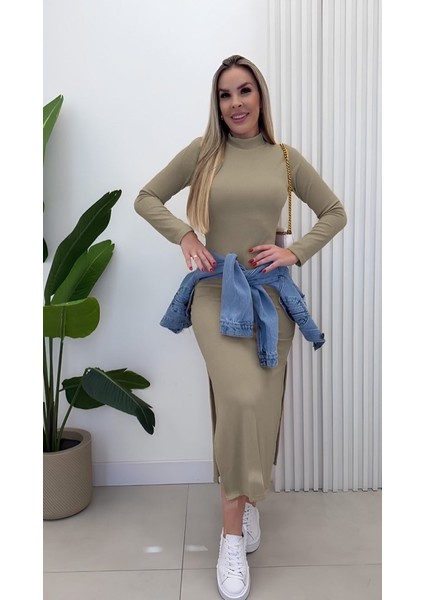 Kadın Uzun Kollu Balıkçı Yakalı Yanlardan Yırtmaçlı Kaşkorse Maxi Elbise