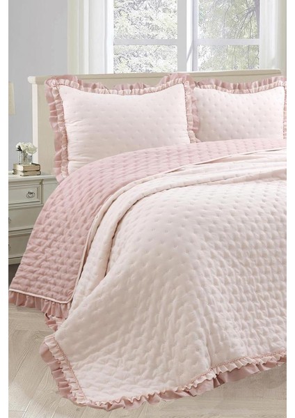Lamina Fırfırlı Elyaf Dolgulu Çift Kişilik 240X260 cm Yatak Örtüsü Pudra