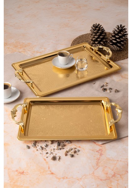 Metal Gümüş & Gold 2’li Tepsi Seti – Işlemeli Altın Kulplu Servis ve Sunum Tepsisi, Kararmaz, Solmaz