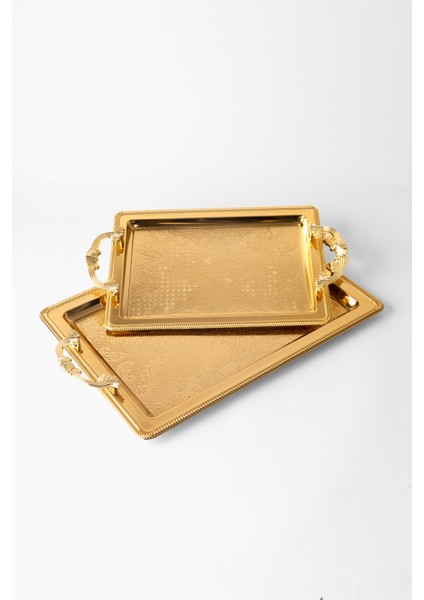 Metal Gümüş & Gold 2’li Tepsi Seti – Işlemeli Altın Kulplu Servis ve Sunum Tepsisi, Kararmaz, Solmaz fiyatları