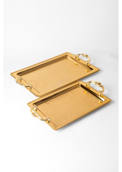 Metal Gümüş & Gold 2’li Tepsi Seti – Işlemeli Altın Kulplu Servis ve Sunum Tepsisi, Kararmaz, Solmaz indirimleri