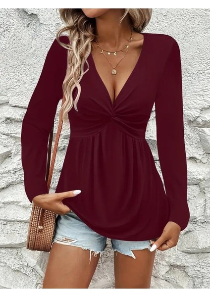 Kadın Uzun Kollu Dekolteli Sarmal Detaylı Viskon Bluz modelleri