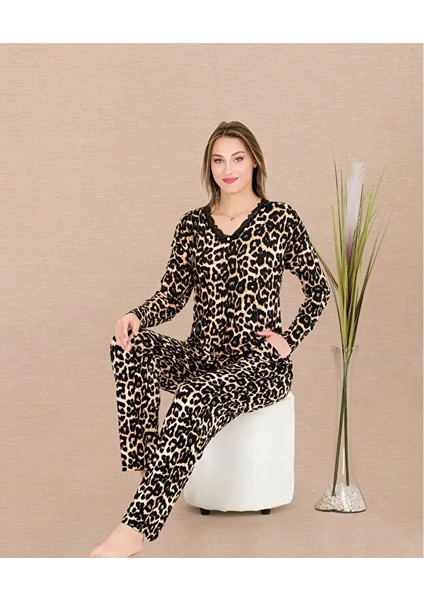 Lady Lingerie Uzun Kollu,leopar Desenli,düğmeli Kadın Pijama Takımı