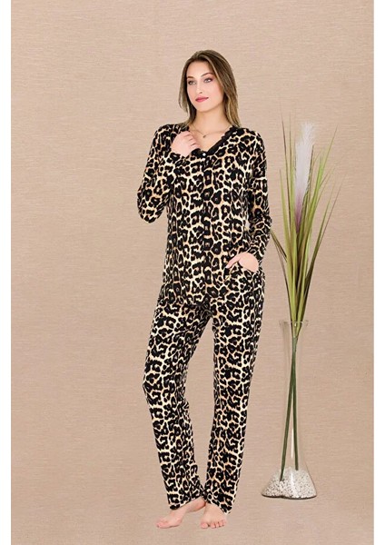 Lady Lingerie Uzun Kollu,leopar Desenli,düğmeli Kadın Pijama Takımı fiyatları