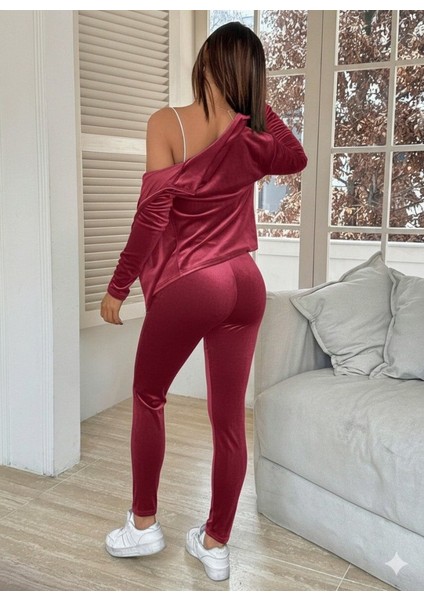 Kadın Uzun Kollu Önden Fermuarlı Kadife Bluz ve Pantolon Ikili Takım fırsatları