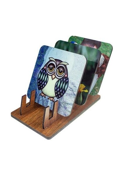 Kişiye Özel Baskılı 6'lı Set Cam Bardak Altlığı, Isıya Dayanaklı / Ahşap Stand Hediye / Hediyelik fırsatları