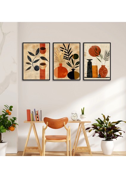 3 Parça Çerçeveli Vazolar Boho Ahşap Tablo Seti, Ev Dekoru Bestablo