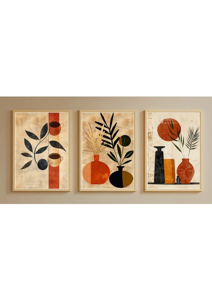 3 Parça Çerçeveli Vazolar Boho Ahşap Tablo Seti, Ev Dekoru Bestablo modelleri