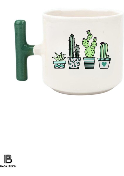 Kaktüs Baskılı Yeşil T Kulp Baskılı Kupa Bardak