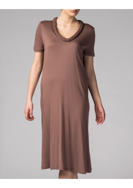Kısa Kollu Midi Boy Elbise Kahve Y1441008_005