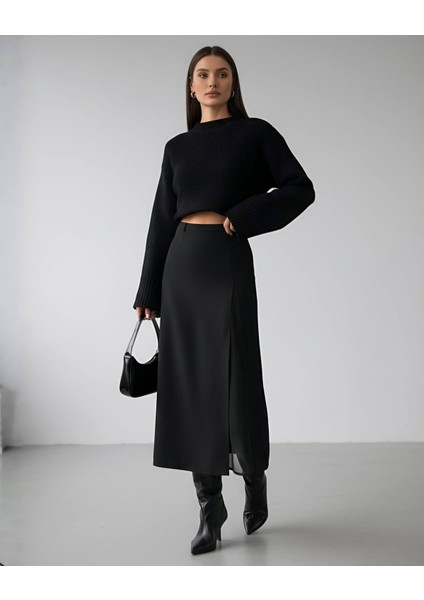 Şifon Yırtmaç Detaylı Siyah Midi Etek 36