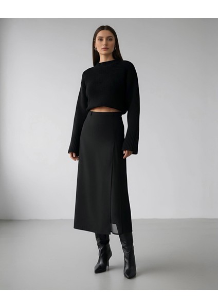 Şifon Yırtmaç Detaylı Siyah Midi Etek 36 fiyatları