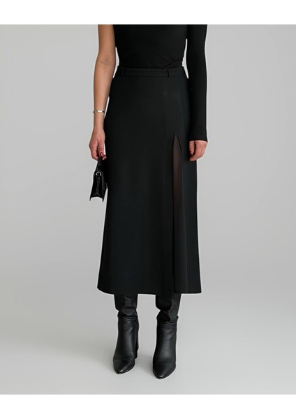 Şifon Yırtmaç Detaylı Siyah Midi Etek 36 fırsatları