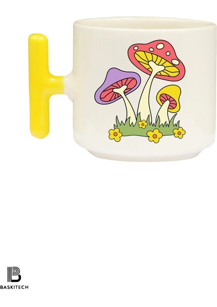 Mantar Baskılı Sarı T Kulp Kupa Bardak