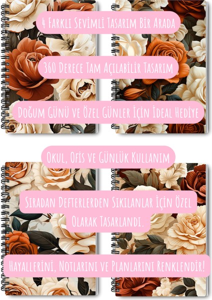 Bej Güller No:2 Tasarım Tel Spiralli 4'lü Hatıra, Günlük, Ajanda, Anı, Okul Defter Seti