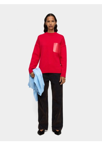 Deri Efektli Cepli Örme Kazak