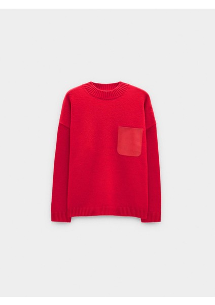 Deri Efektli Cepli Örme Kazak indirimleri