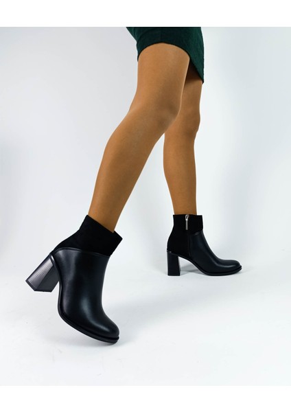 Siyah Renk Fermuarlı Kalın Topuk Süet Cilt Kadın Topuklu Bot