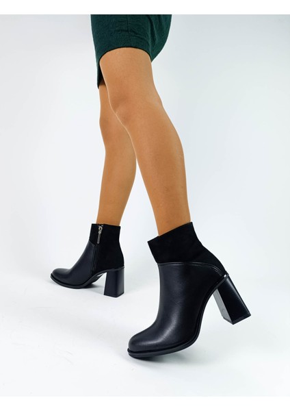 Siyah Renk Fermuarlı Kalın Topuk Süet Cilt Kadın Topuklu Bot fiyatları