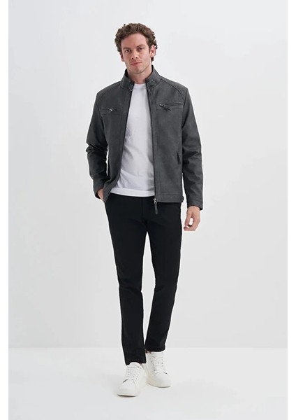 Slim Fit Vintage Pu Deri Karışımlı MONT-10620 Gri