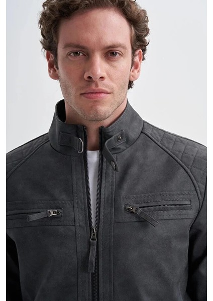 Slim Fit Vintage Pu Deri Karışımlı MONT-10620 Gri modelleri