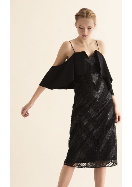 Püskül Ve Payet İşlemeli Gece Elbisesi Siyah Y1811184_001