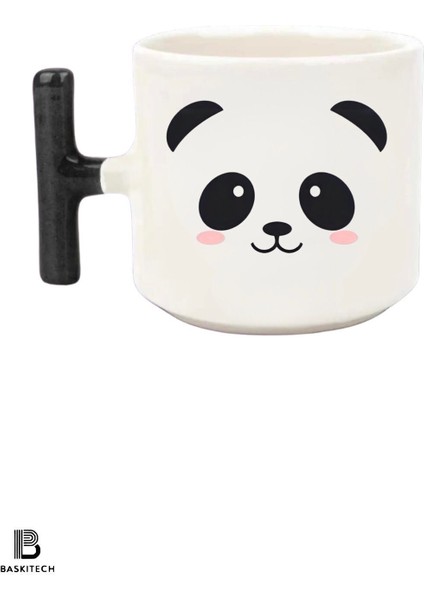 Panda Baskılı Siyah T Kulp Kupa Bardak