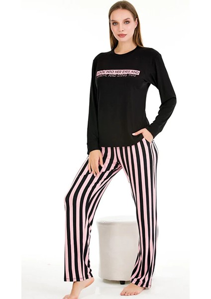 Lady Uzun Kollu Desenli Viskon Kumaş Pijama Takımı