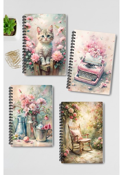 Pink Dreams Nostaljik Tasarım Tel Spiralli 4'lü Hatıra, Günlük, Ajanda, Anı, Okul Defter Seti
