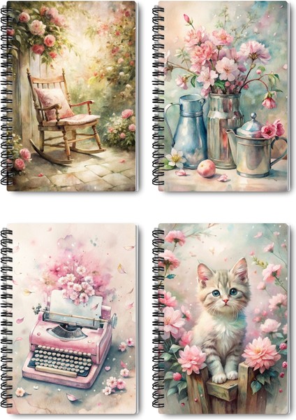 Pink Dreams Nostaljik Tasarım Tel Spiralli 4'lü Hatıra, Günlük, Ajanda, Anı, Okul Defter Seti