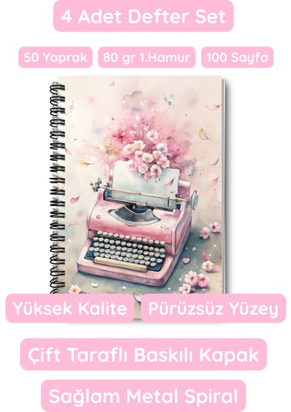 Pink Dreams Nostaljik Tasarım Tel Spiralli 4'lü Hatıra, Günlük, Ajanda, Anı, Okul Defter Seti