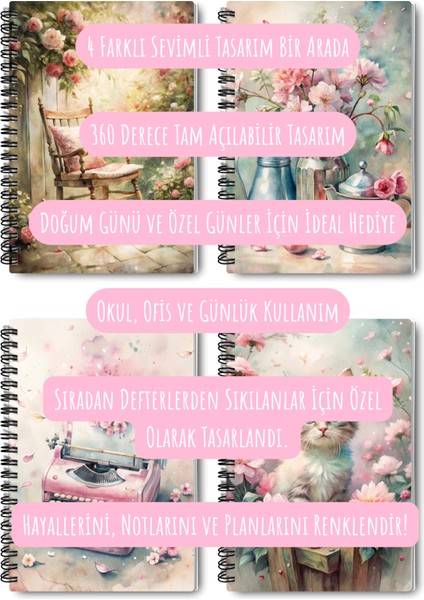 Pink Dreams Nostaljik Tasarım Tel Spiralli 4'lü Hatıra, Günlük, Ajanda, Anı, Okul Defter Seti