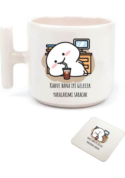 Kahve Bana Iyi Gelecek Yaralarımı Saracak Baskılı T Kulp Kupa (Bardak Altı Hediyeli)