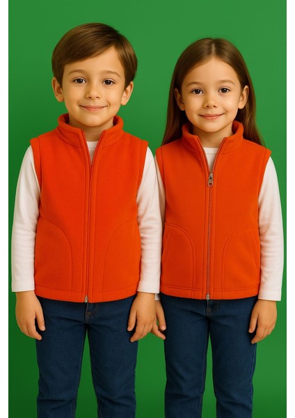 Kolsuz Fermuarlı Astarlı Çift Cepli Dik Yaka Çocuk Yelek