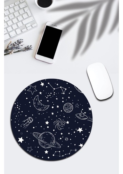 Uzay Desenli Yuvarlak Mouse Pad