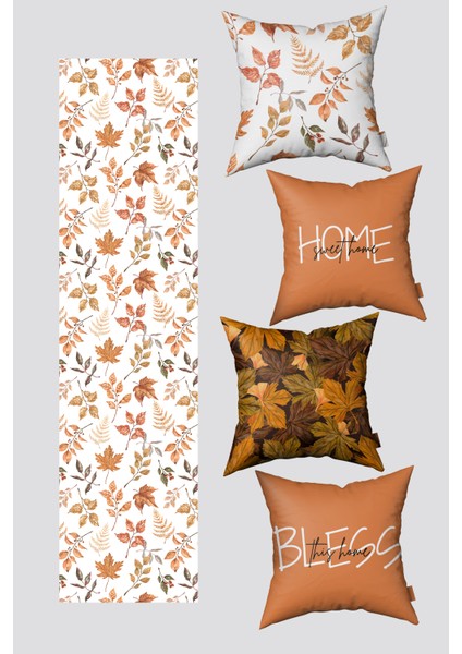 Sonbahar Temalı Yaprak Desenli 4 Kırlent Kılıfı ve 1 Runner Seti
