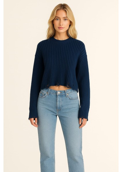 Fitilli Bisiklet Yaka Yırtık Detaylı Kadın Kazak