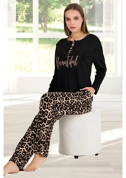 Lady Leoplar Desenli Uzun Kollu Pijama Takımı