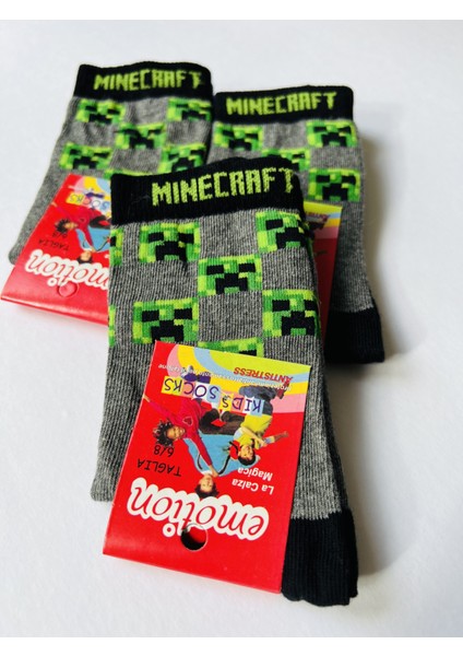 Mınecraft Desenli Dikişsiz Burun Çocuk Çorabı 3'lü