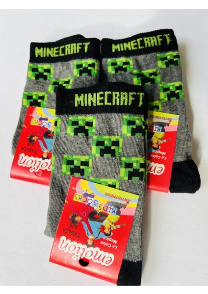 Mınecraft Desenli Dikişsiz Burun Çocuk Çorabı 3'lü